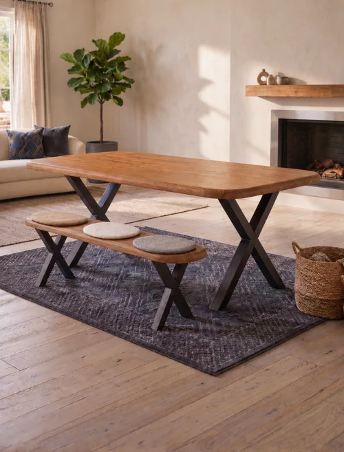 Köknar Gerçek Ağaç Yemek & Toplantı Masası – %100 Gerçek Ağaç, Metal Ayaklı, Kişiye Özel Üretim - 100x70cm Masa • Benç İstemiyorum • 1007 Ayak • Düz Kenar 100x70cm Masa • 80x35cm Benç varyant görseli