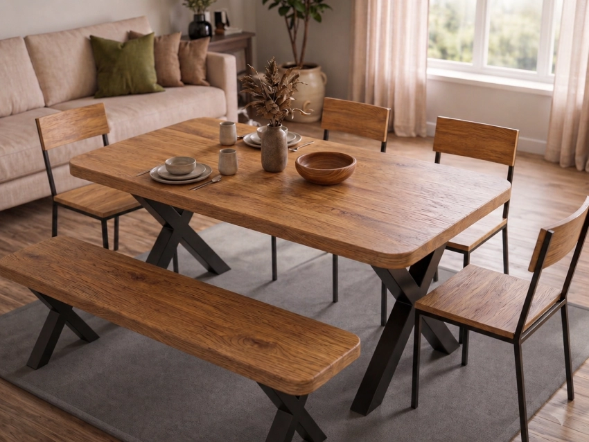 Meşe Gerçek Ağaç Yemek & Toplantı Masası – %100 Gerçek Ağaç, Metal Ayaklı, Kişiye Özel Üretim - 100x70cm Masa • Benç İstemiyorum • 1007 Ayak • Düz Kenar detay görseli