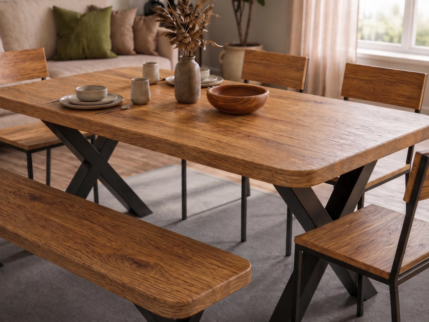 Meşe Gerçek Ağaç Yemek & Toplantı Masası – %100 Gerçek Ağaç, Metal Ayaklı, Kişiye Özel Üretim - 100x70cm Masa • Benç İstemiyorum • 1007 Ayak • Düz Kenar detay görseli